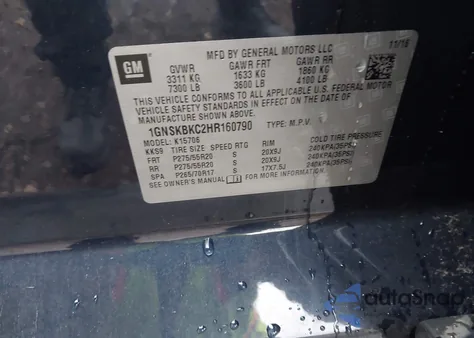 2017 Chevrolet Tahoe Lt from USA, damaged, VIN 1GNSKBKC2HR160790